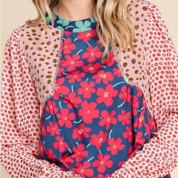 🔥🔥New Boutique Mixed Print Poet Sleeve Top With U-neck /back Button Size Large - Picture 5 of 5